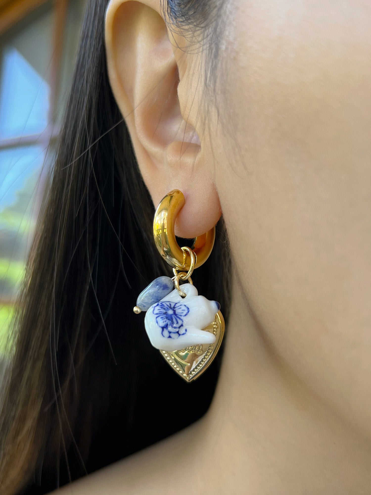 Chunky Heart Locket Hoops - An Eclectic Cup of Tea/Blue Stones