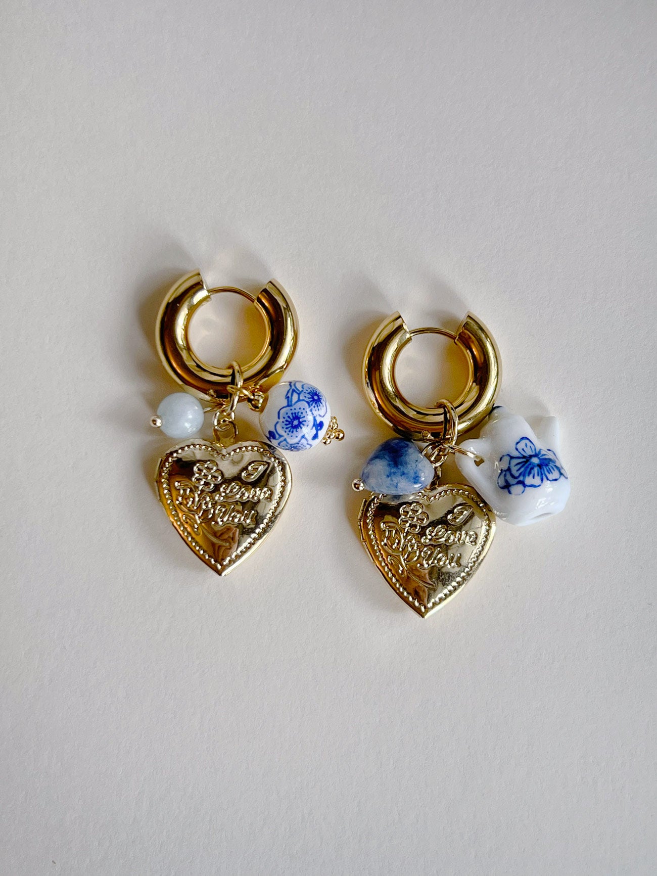 Chunky Heart Locket Hoops - An Eclectic Cup of Tea/Blue Stones