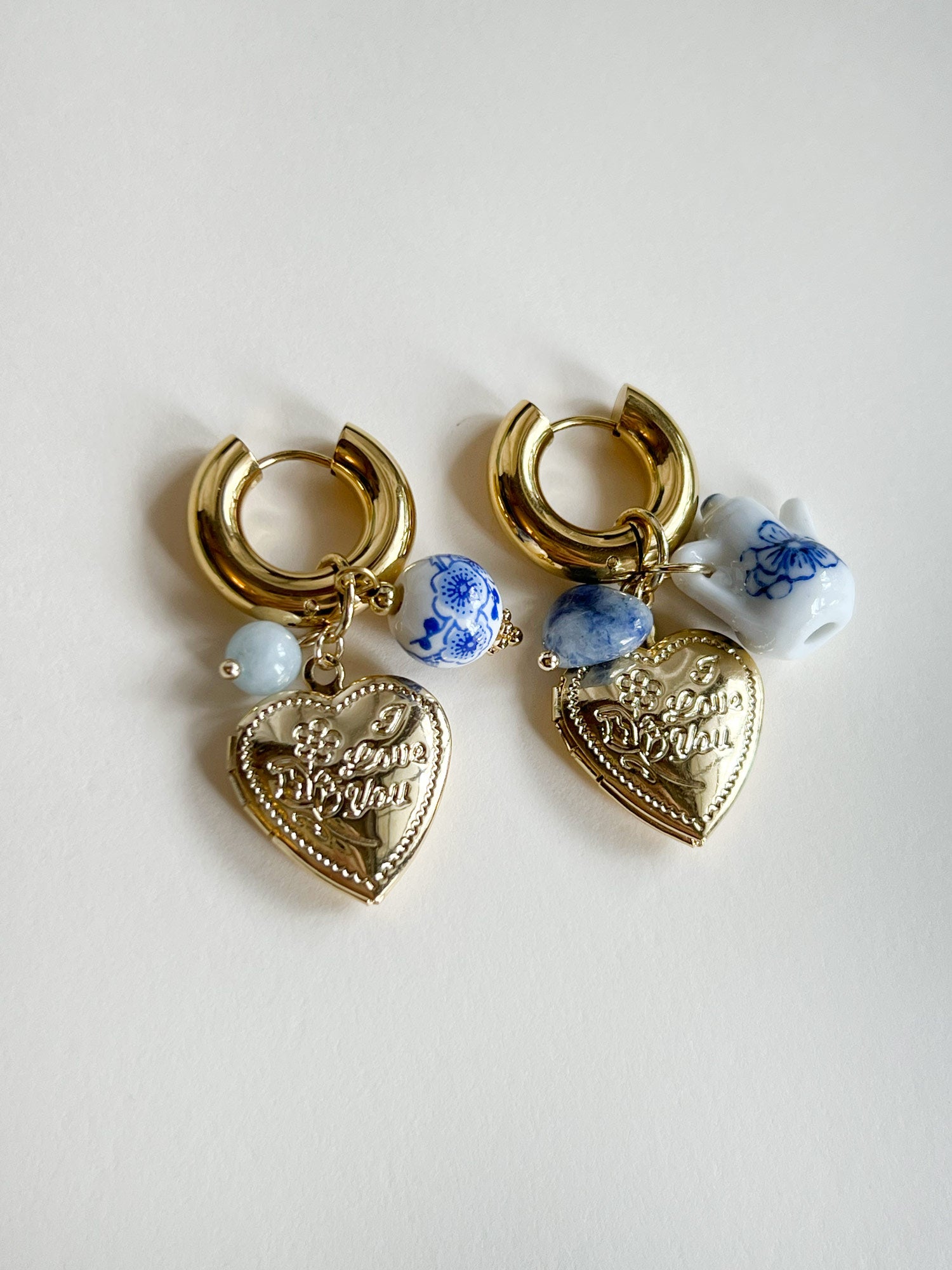 Chunky Heart Locket Hoops - An Eclectic Cup of Tea/Blue Stones