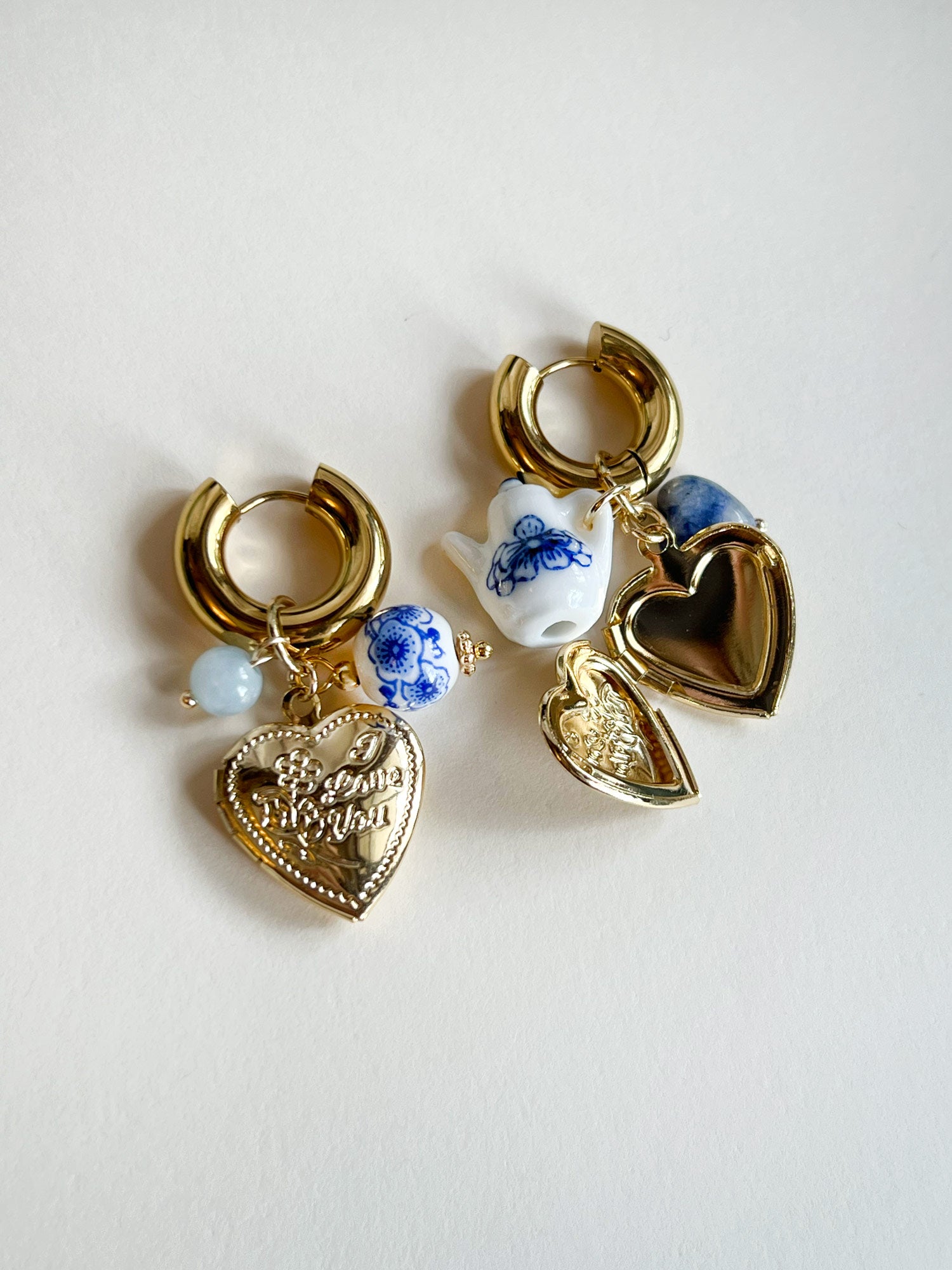 Chunky Heart Locket Hoops - An Eclectic Cup of Tea/Blue Stones