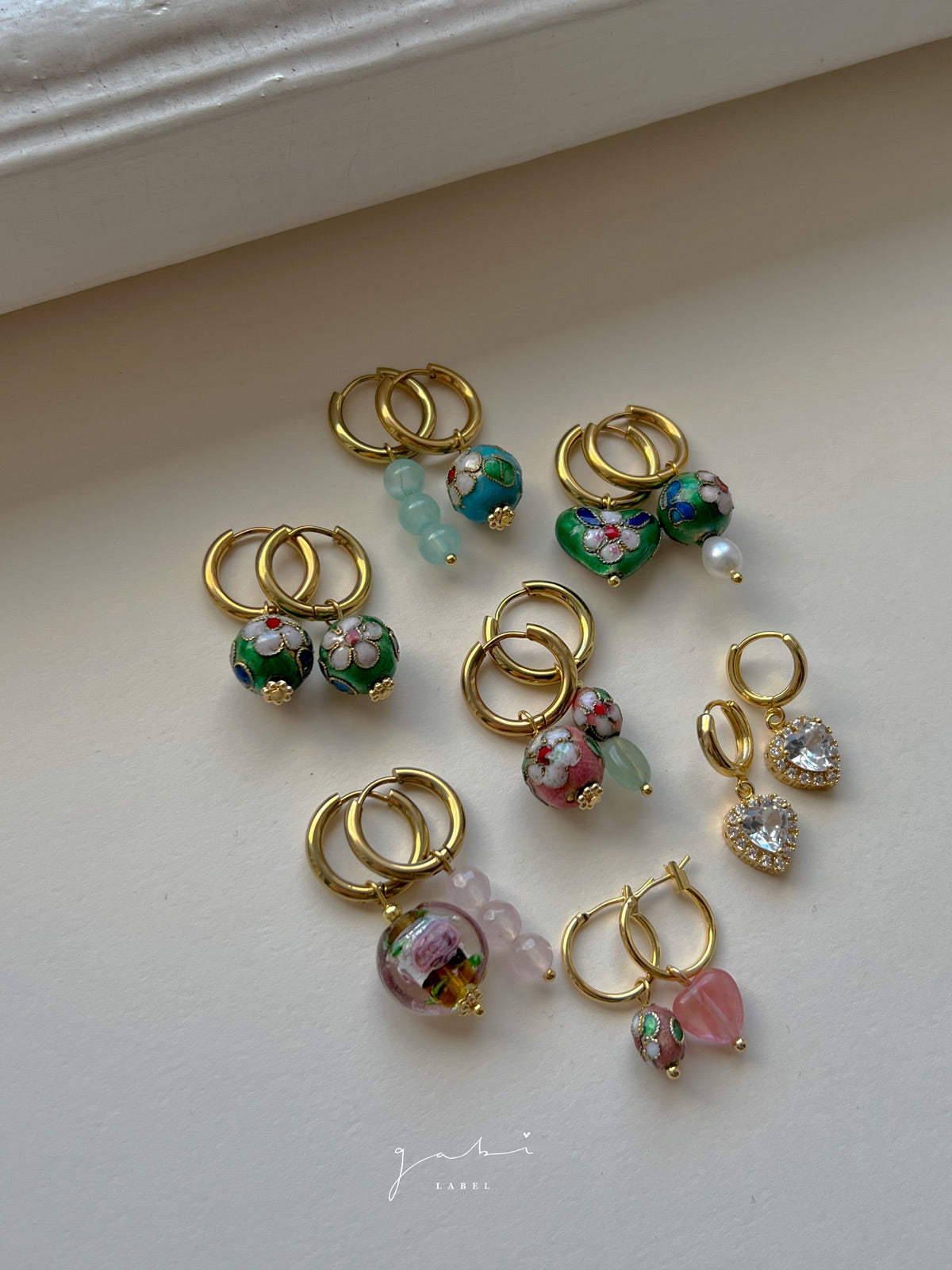 Flower Cloisonne & Little Stone Mismatched Hoops - Yellow