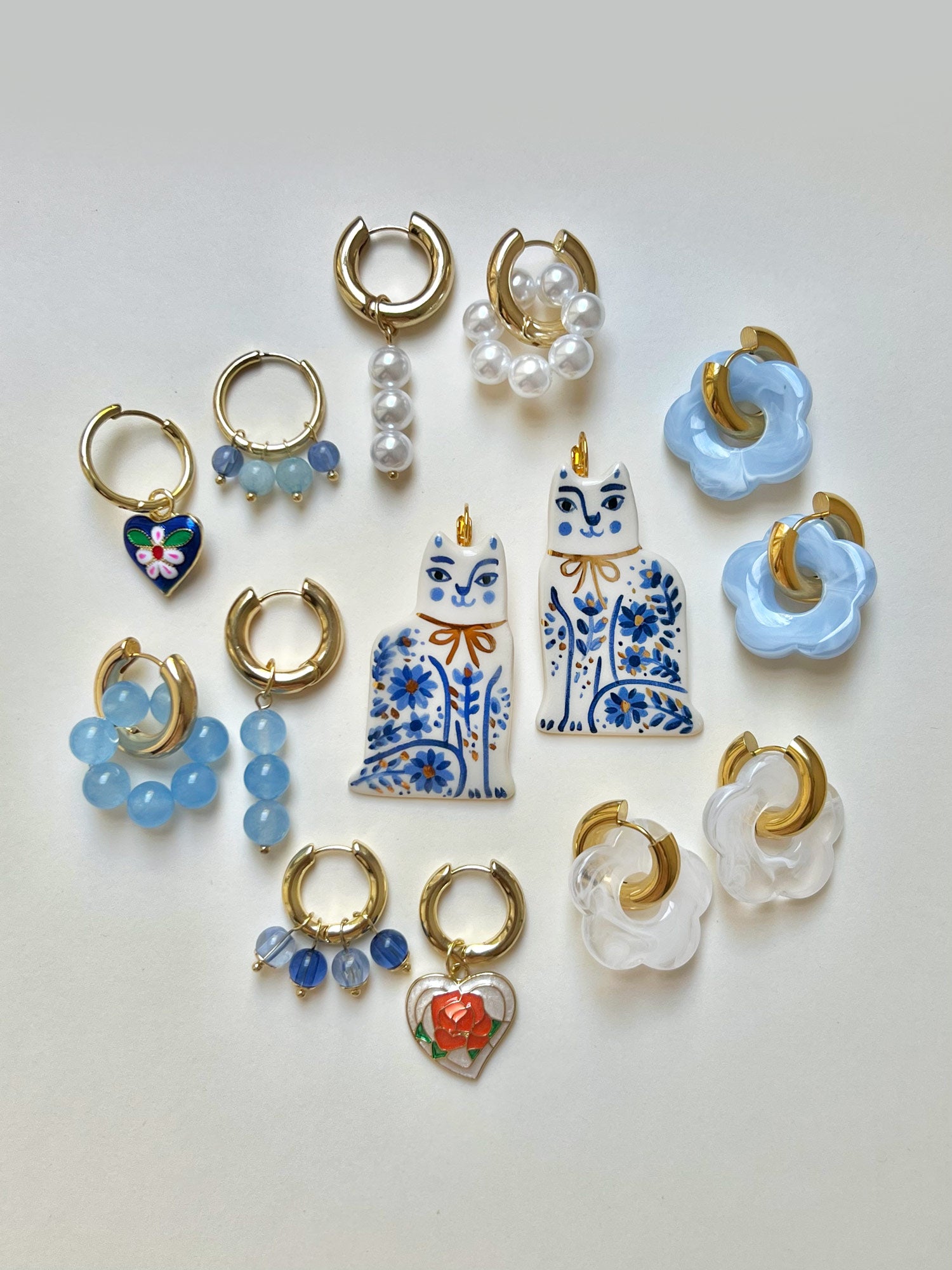 Rose Heart Mismatched Hoops with Blue Natural Stones