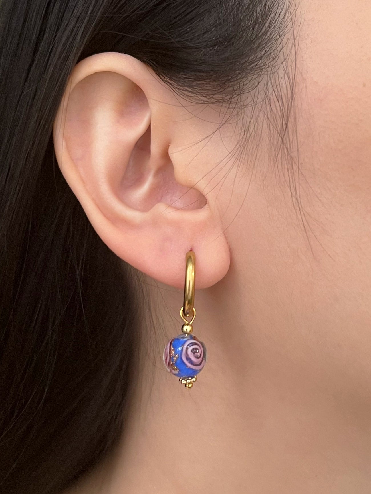 Little Hoops with Eclectic Glass Beads - China Blue