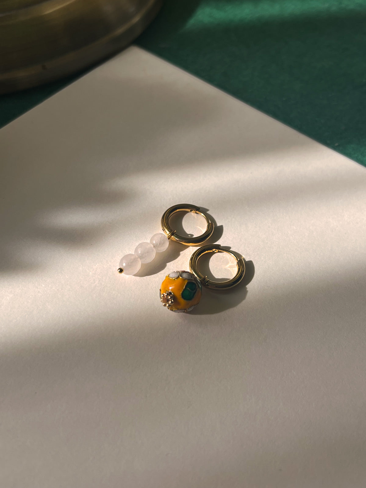 Flower Cloisonne & Little Stone Mismatched Hoops - Yellow