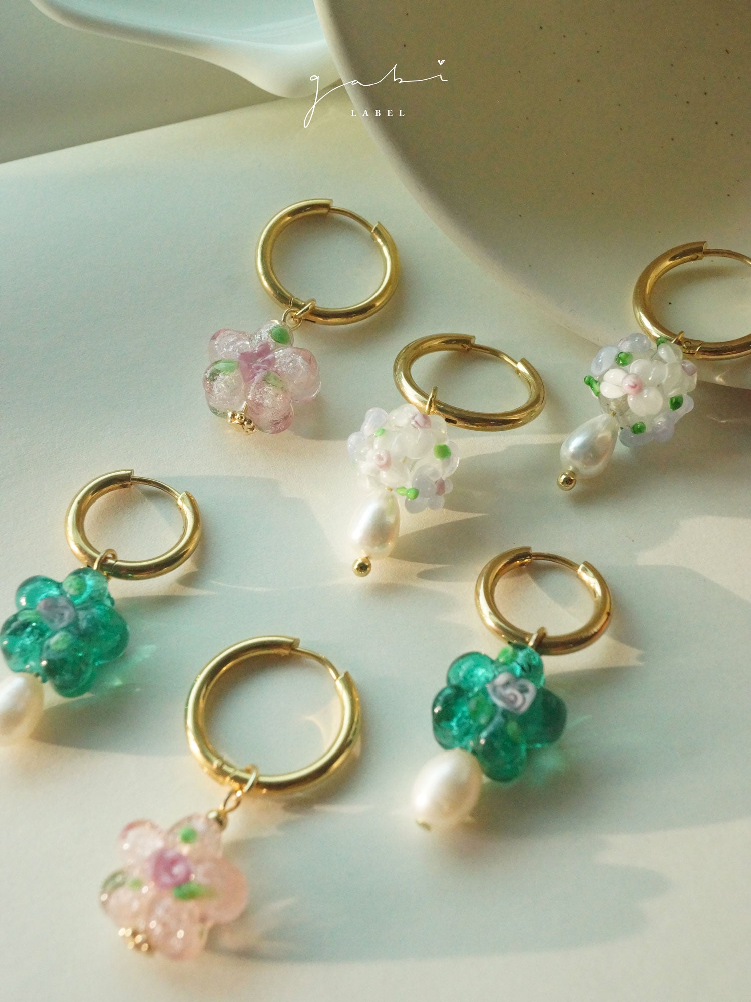Teal-Green Glass Flower & Pearl Hoop Earrings