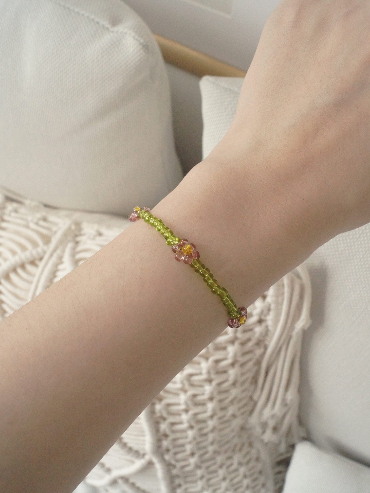 Olive & Purple Flower Beaded Bracelet