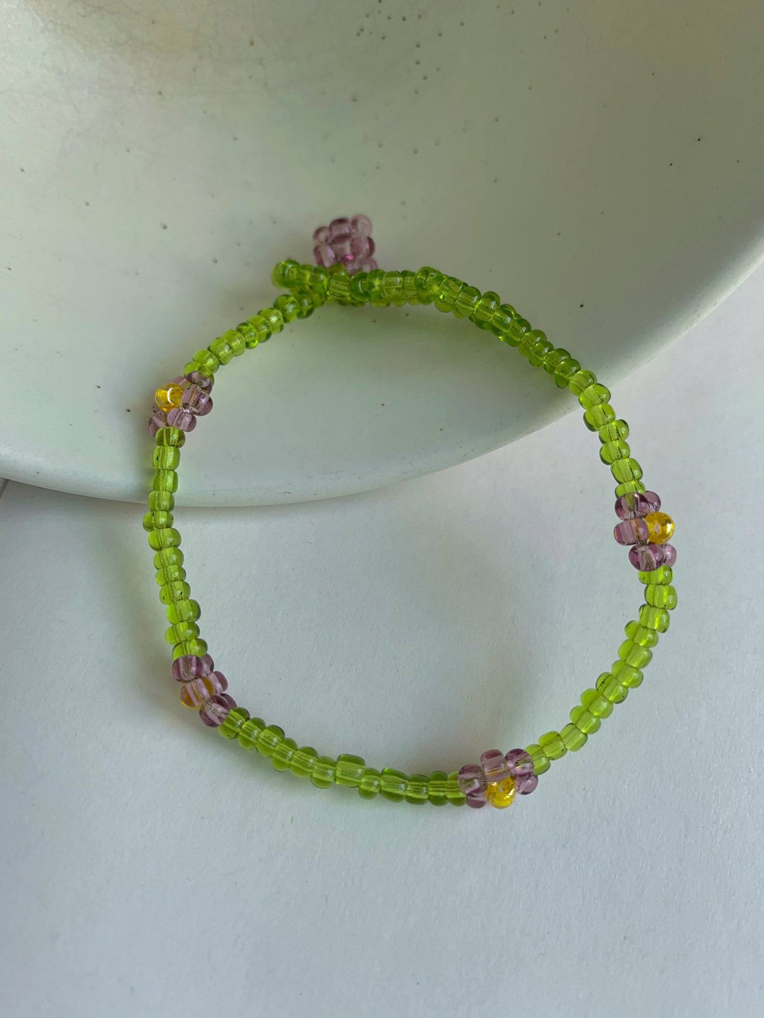 Olive & Purple Flower Beaded Bracelet