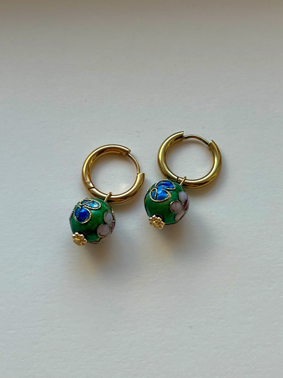 Green Flower Cloisonne Hoops