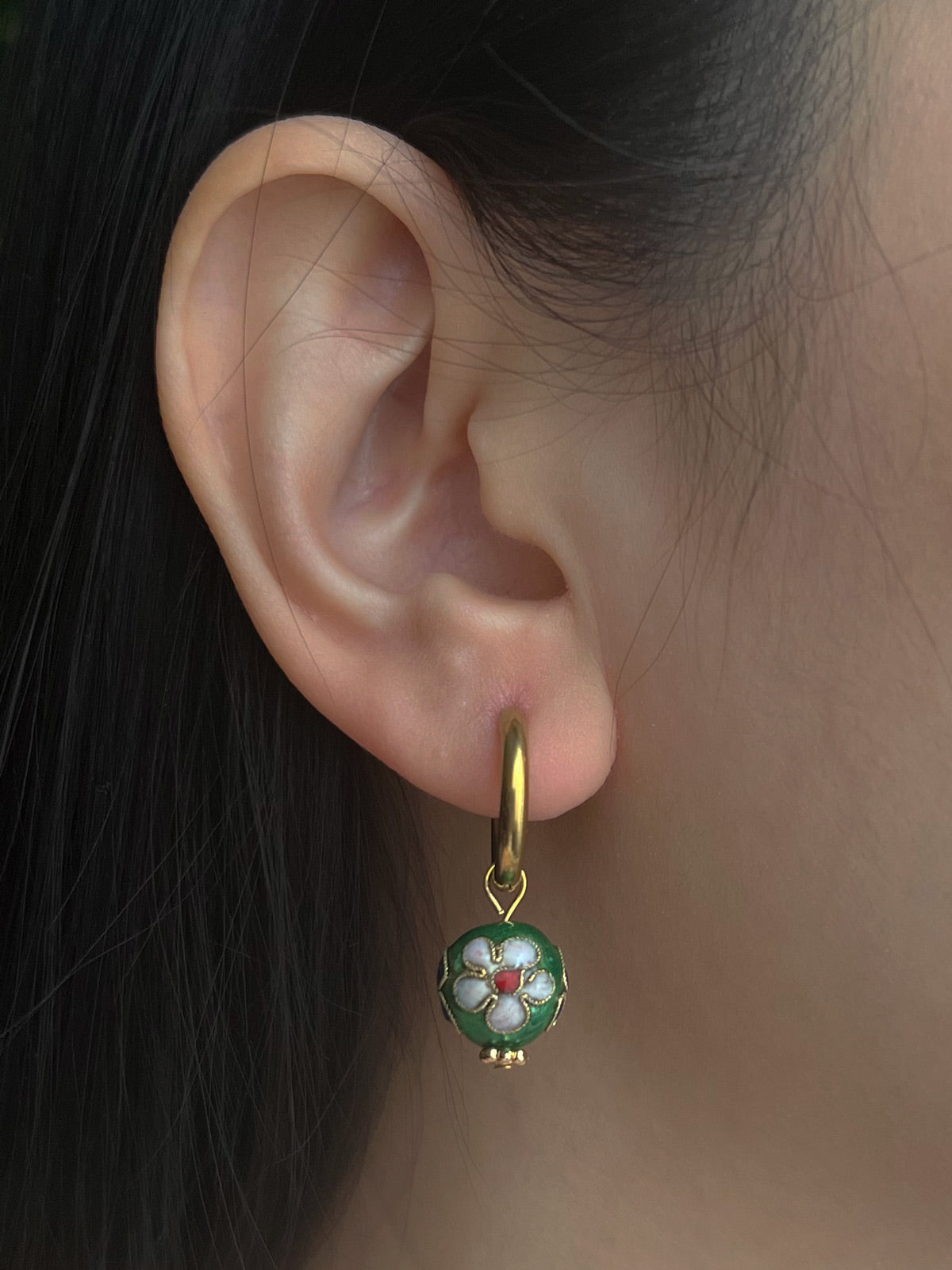 Green Flower Cloisonne Hoops