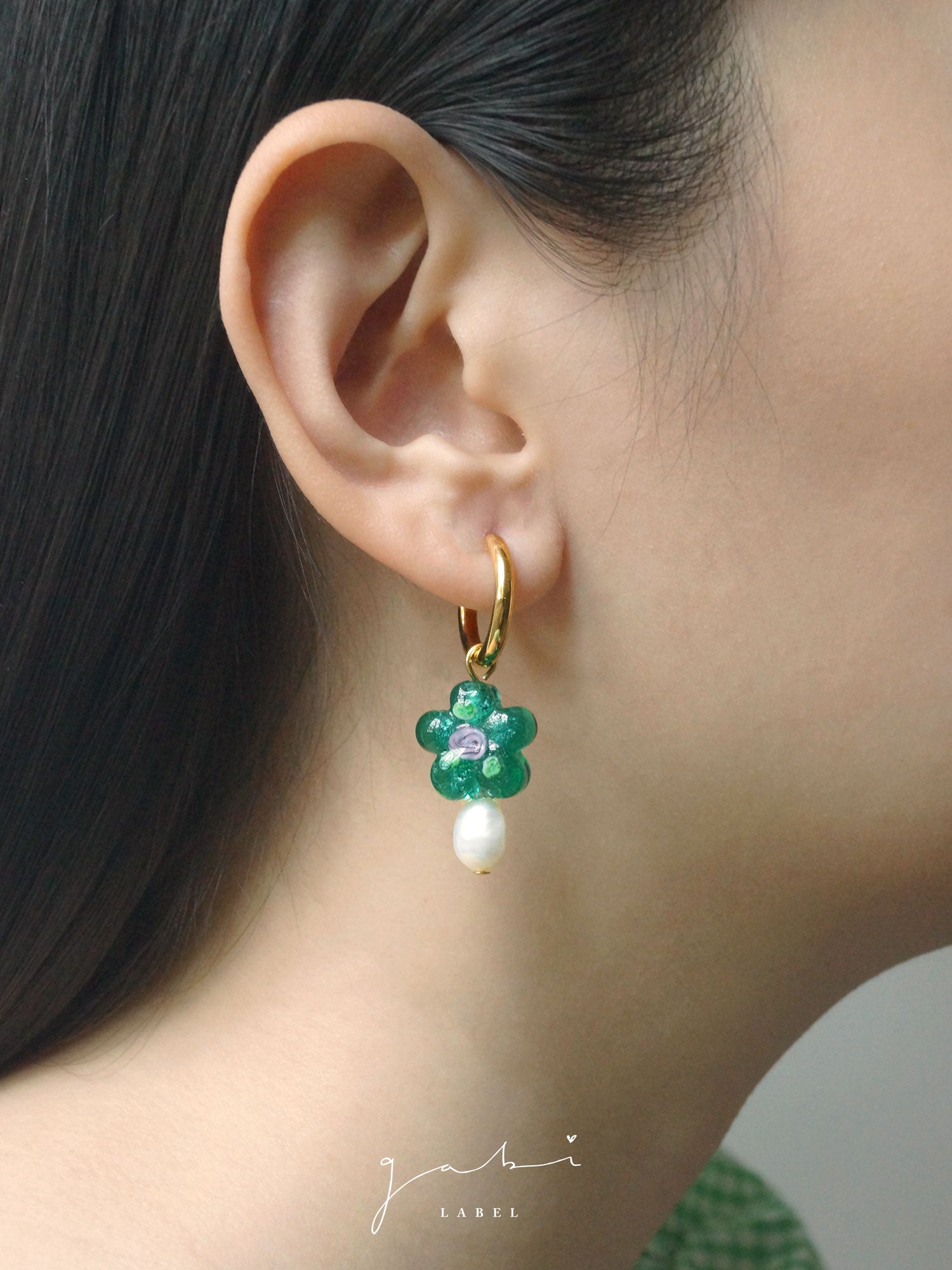 Teal-Green Glass Flower & Pearl Hoop Earrings