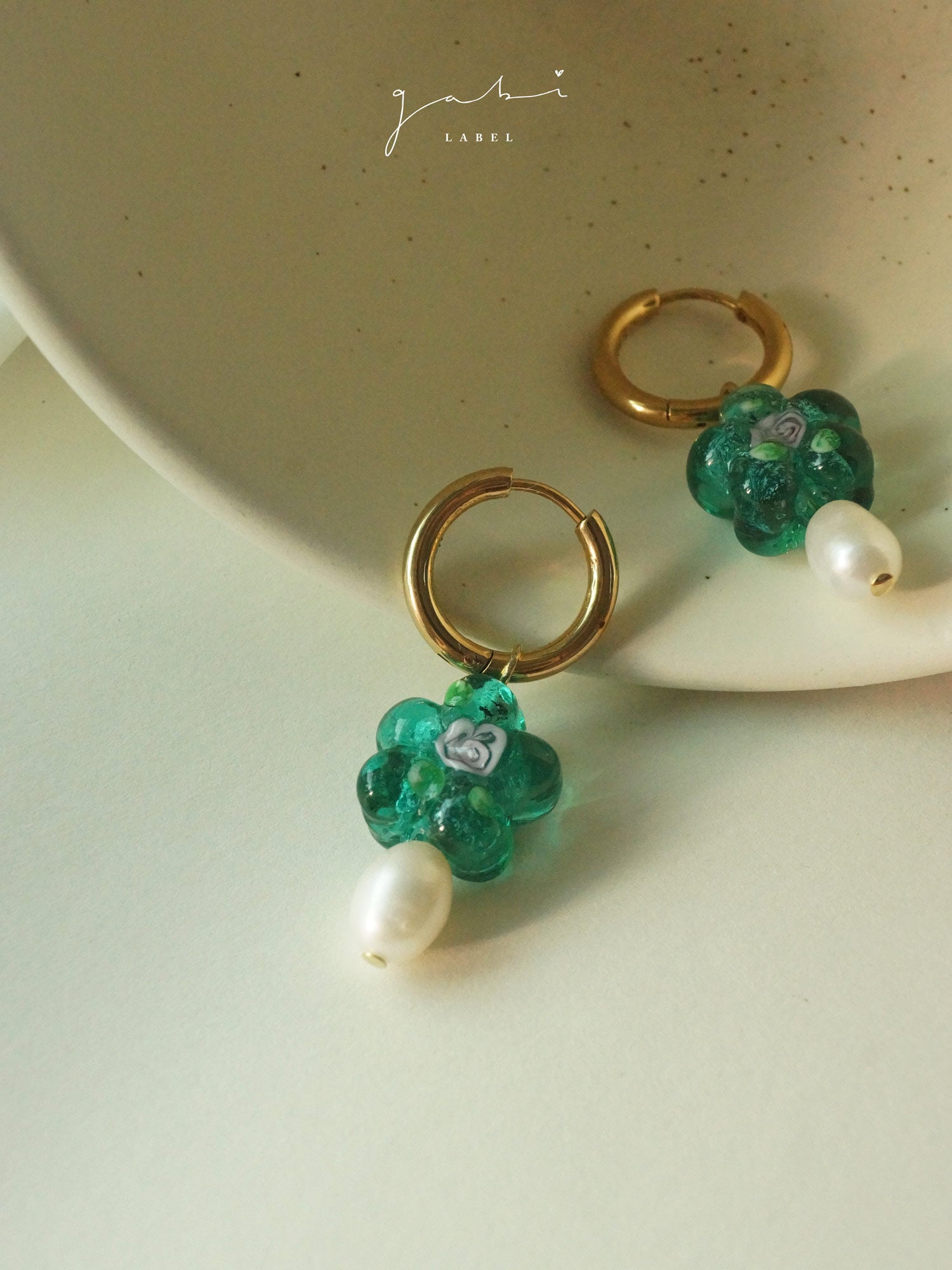 Teal-Green Glass Flower & Pearl Hoop Earrings
