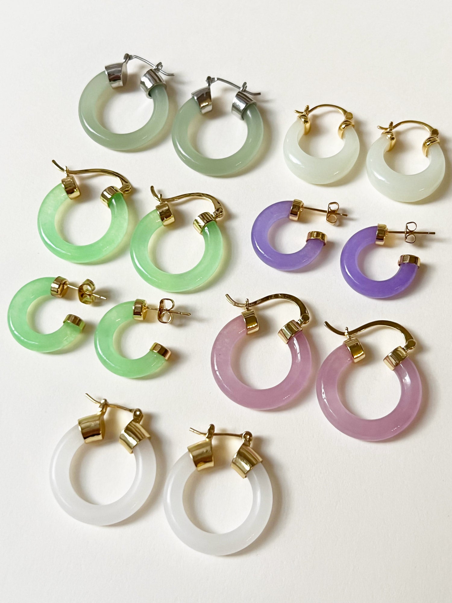 Green Jade Hoops (Silver tone)