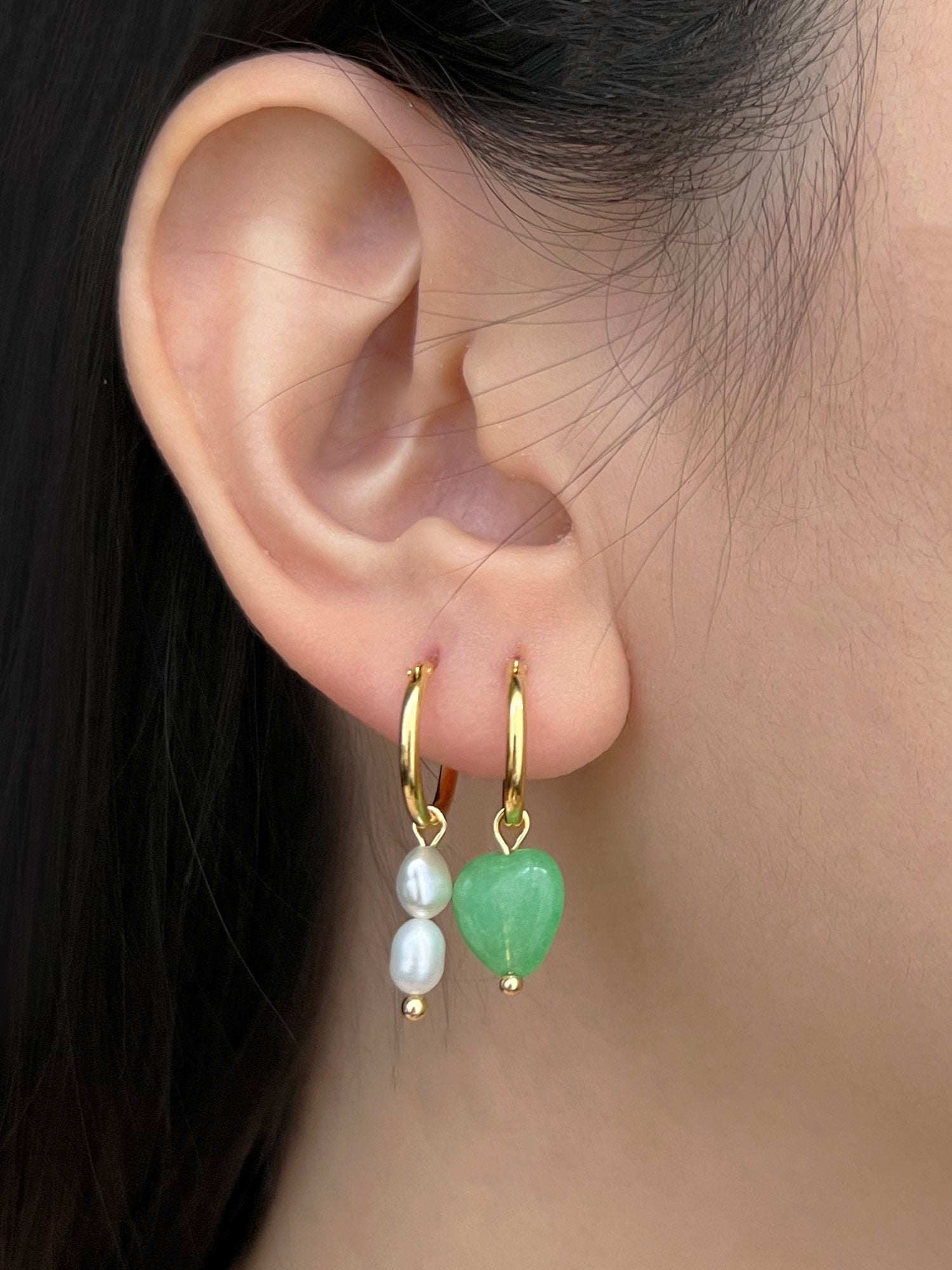 Boucles d'Oreilles Créoles Pierres Dépareillées - Jade Vert/Perles