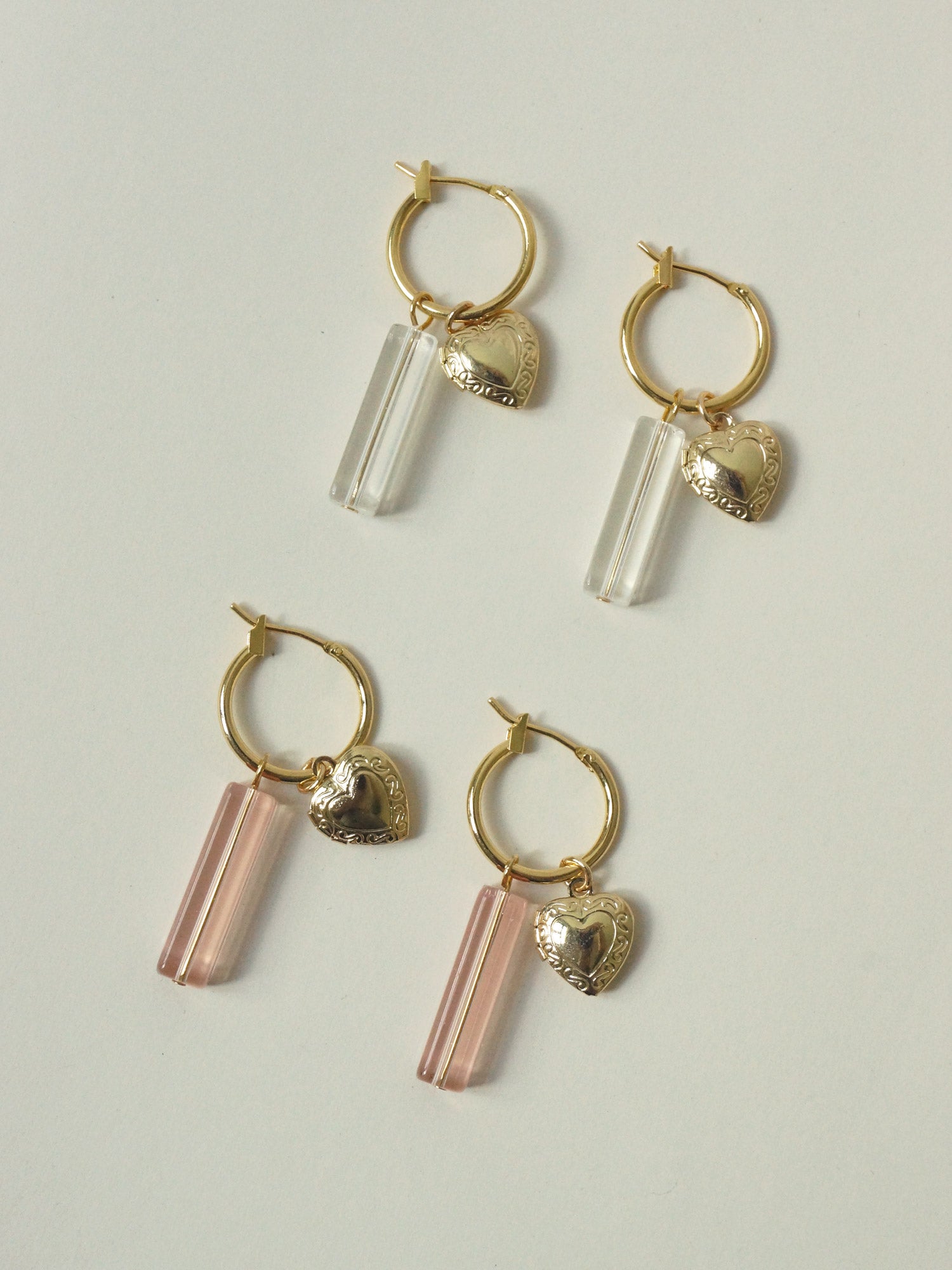 Locket & Glass Dangle Hoops - Pink