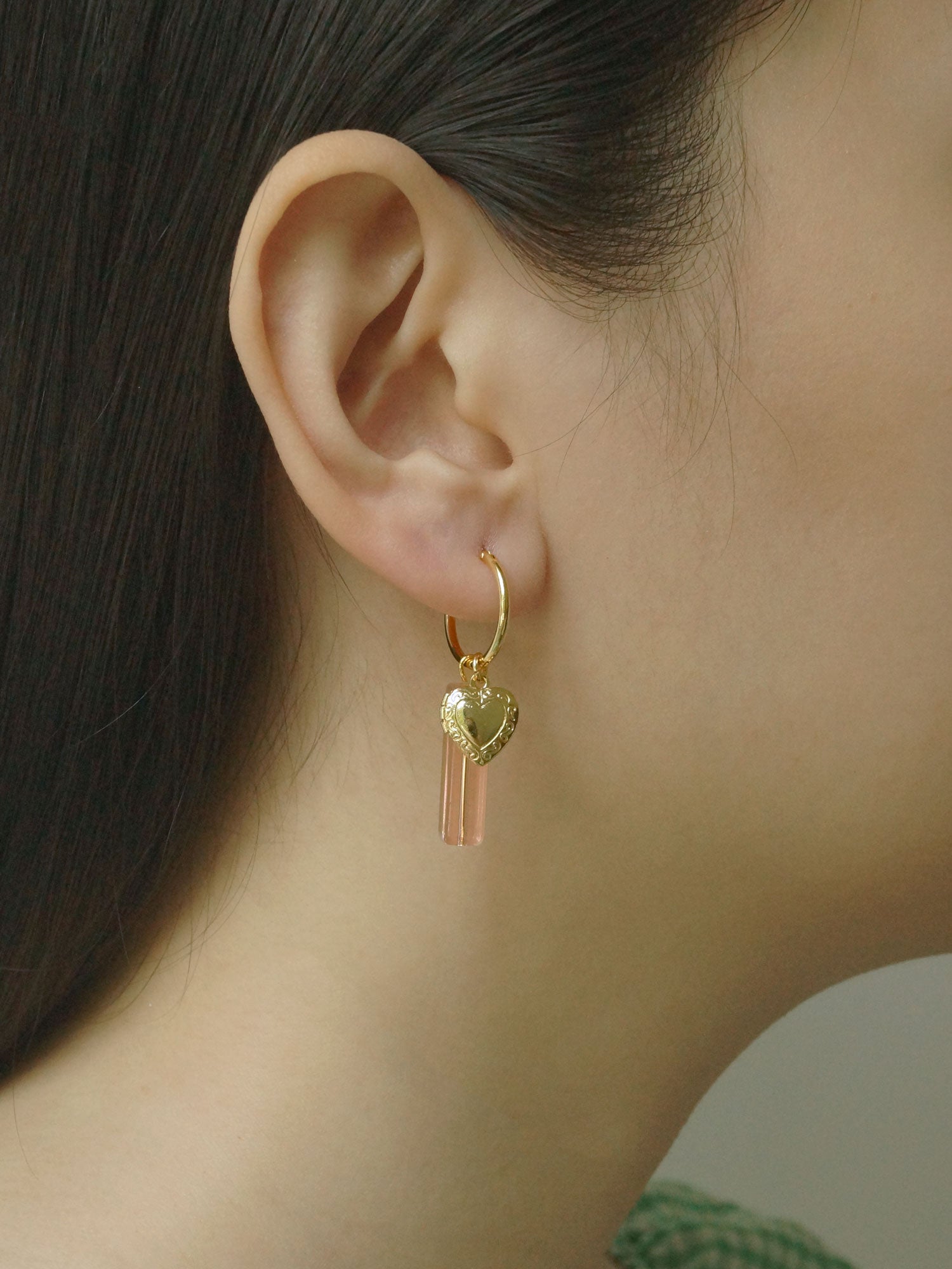 Locket & Glass Dangle Hoops - Pink