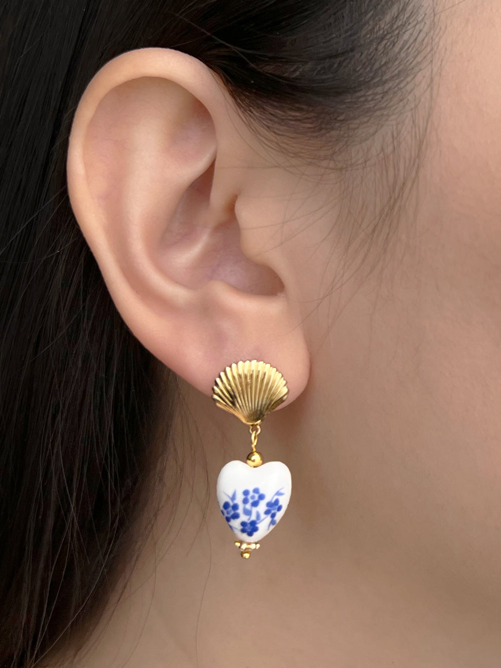 Boucles d'oreilles coeur et coquillage en céramique