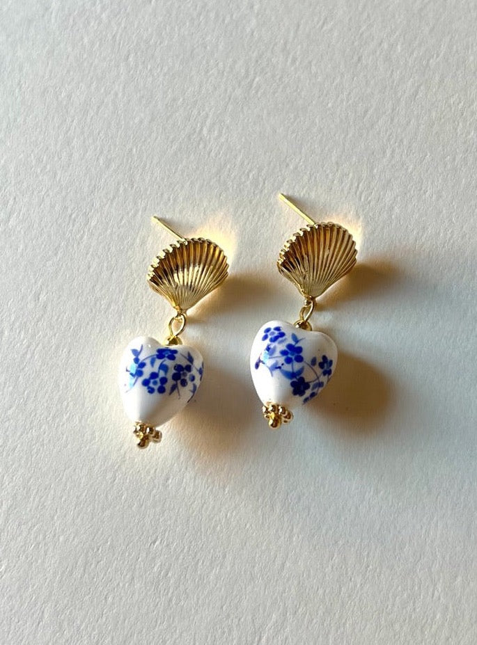 Boucles d'oreilles coeur et coquillage en céramique