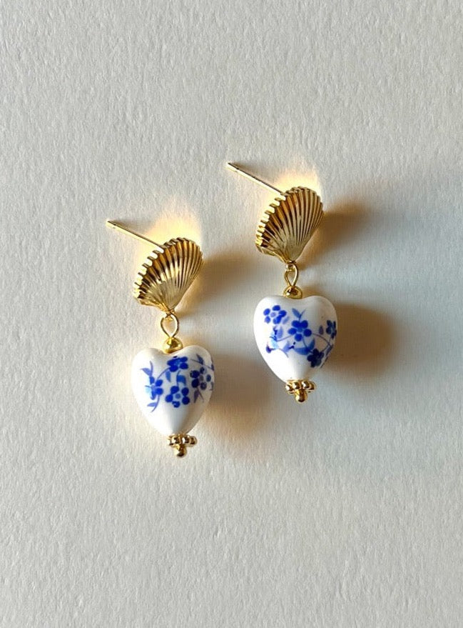 Boucles d'oreilles coeur et coquillage en céramique