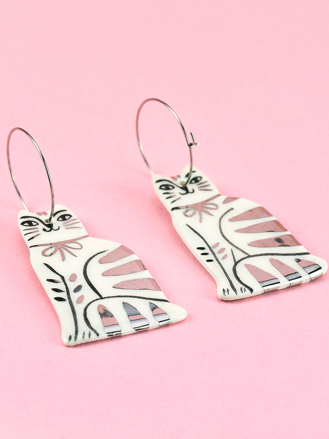 Créoles pour Chat Peintes à la Main en Céramique avec Rayures - Argent