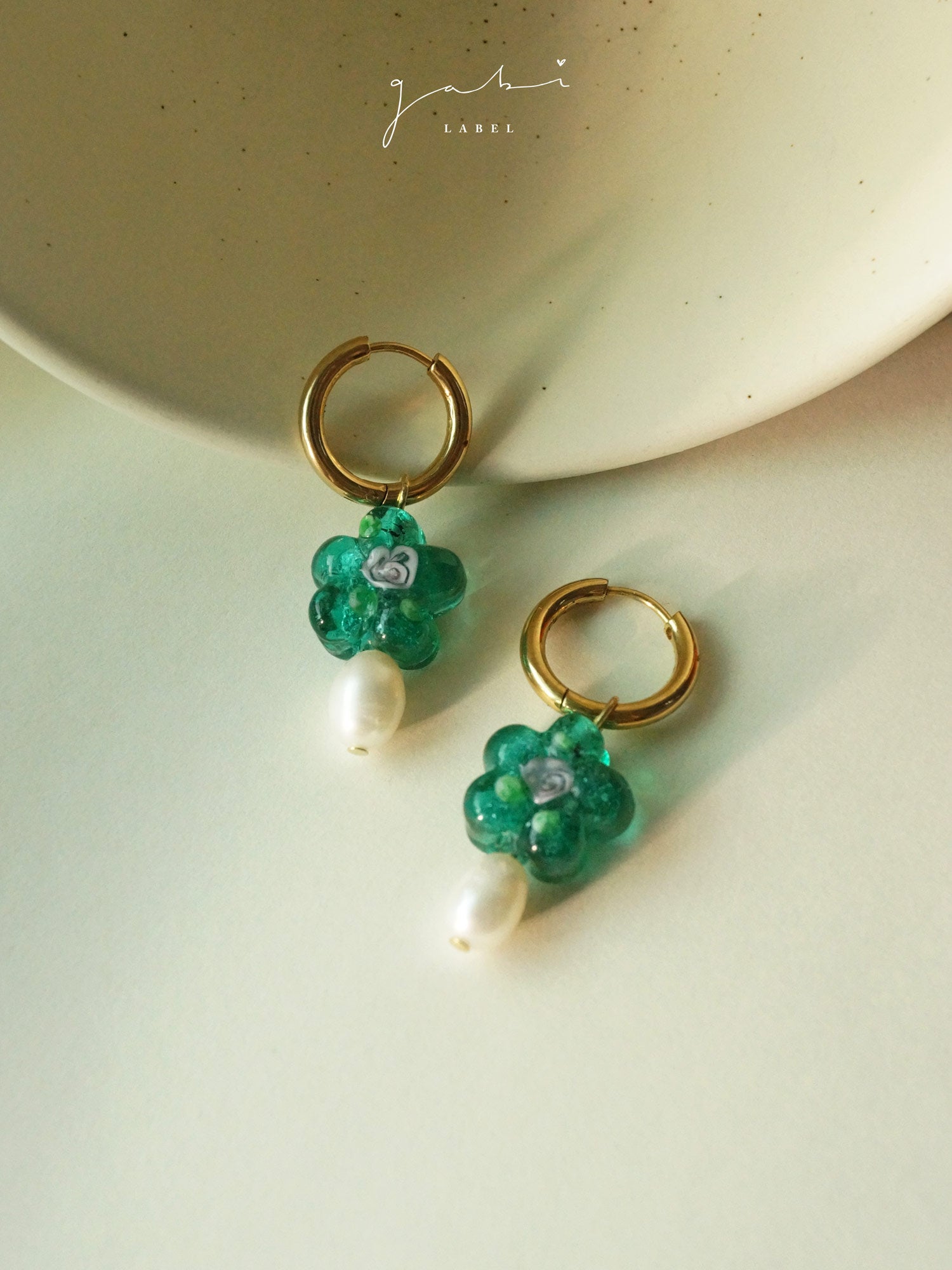 Teal-Green Glass Flower & Pearl Hoop Earrings