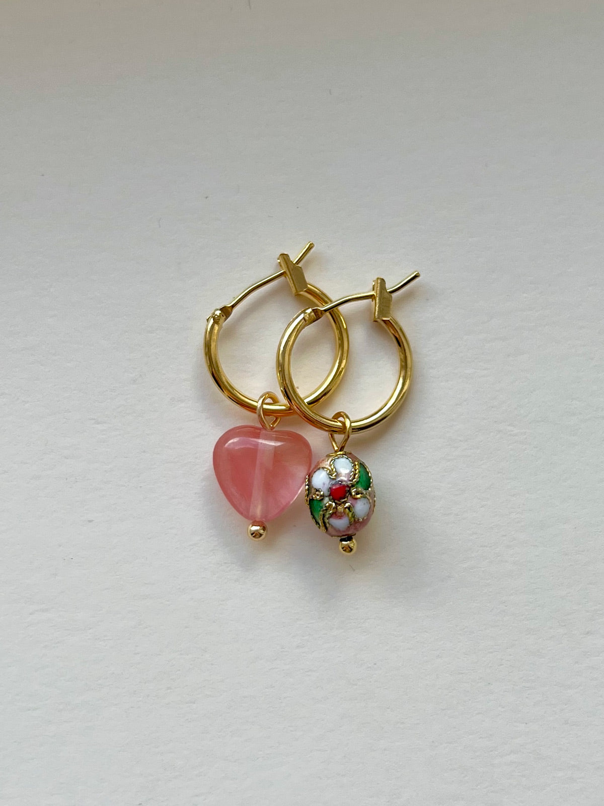 Mismatched Stone Hoop Earrings - Watermelon Pink/Cloisonne