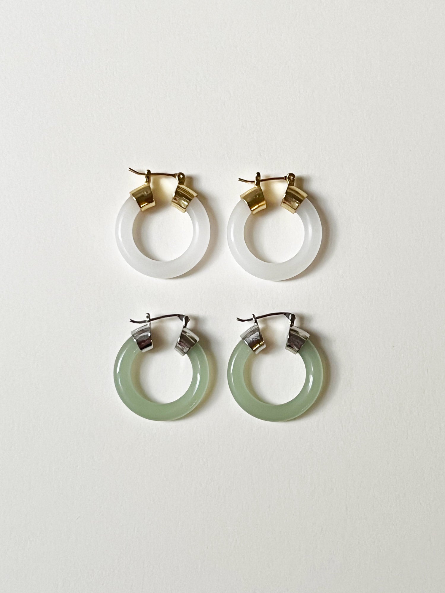 Green Jade Hoops (Silver tone)