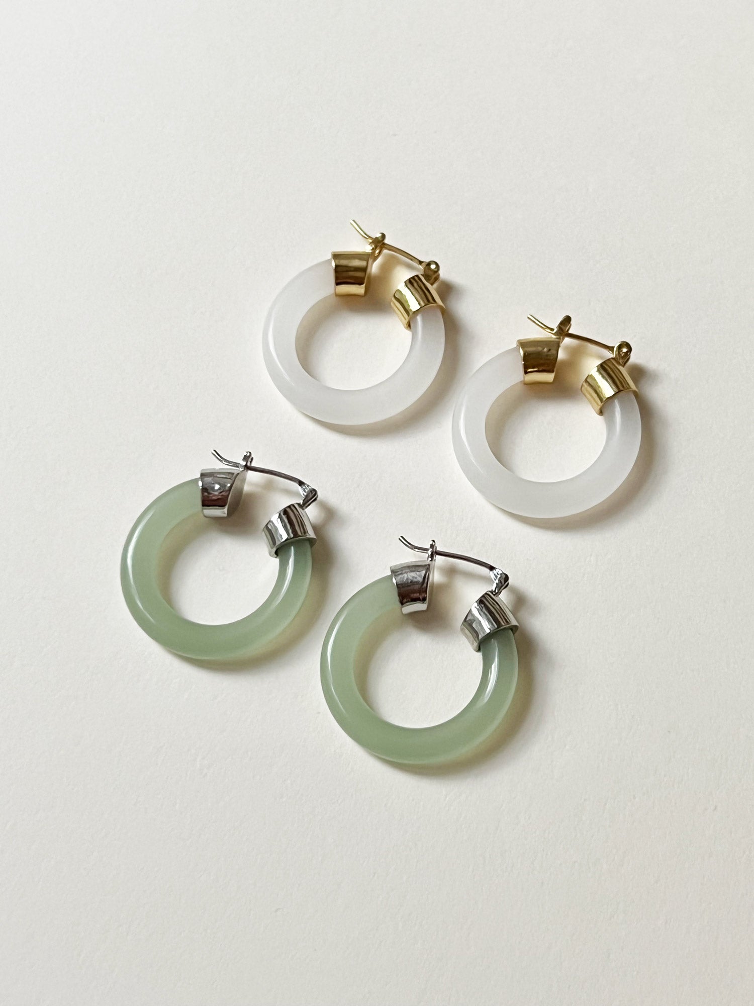 Green Jade Hoops (Silver tone)