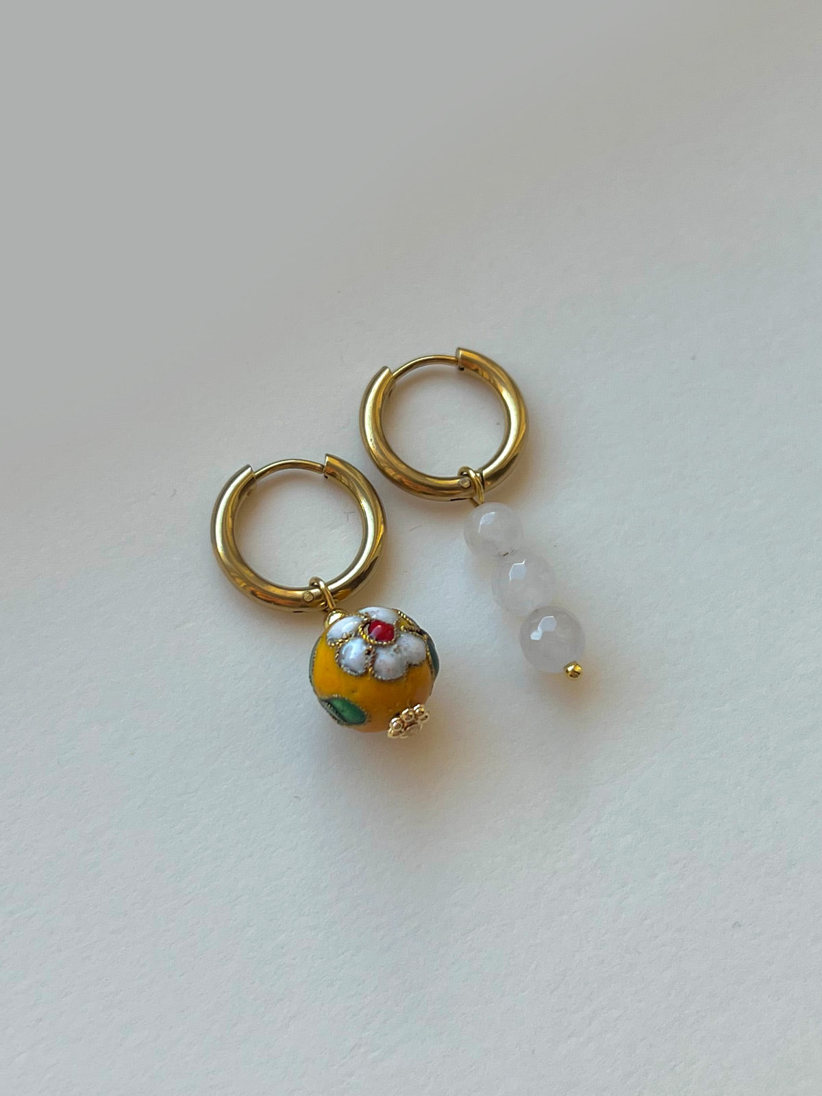 Flower Cloisonne & Little Stone Mismatched Hoops - Yellow