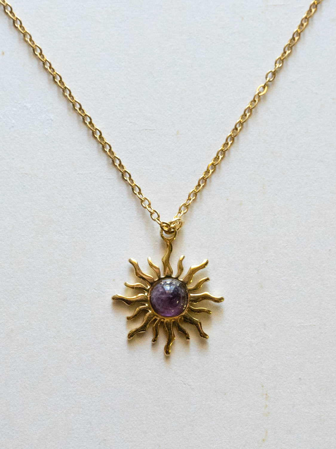 Chunky Gold Hoops - Amethyst Sun Pendant