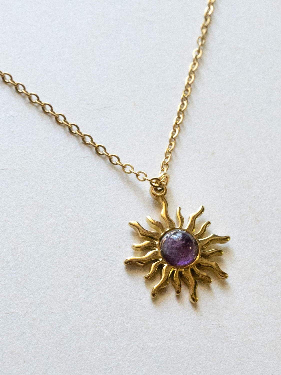 Chunky Gold Hoops - Amethyst Sun Pendant