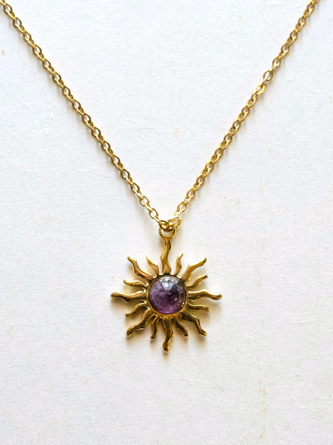 Amethyst Sun Pendant Necklace   Stainless Steel  Gold3