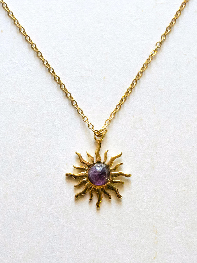 Amethyst Sun Pendant Necklace - Stainless Steel, Gold – Gabi The Label