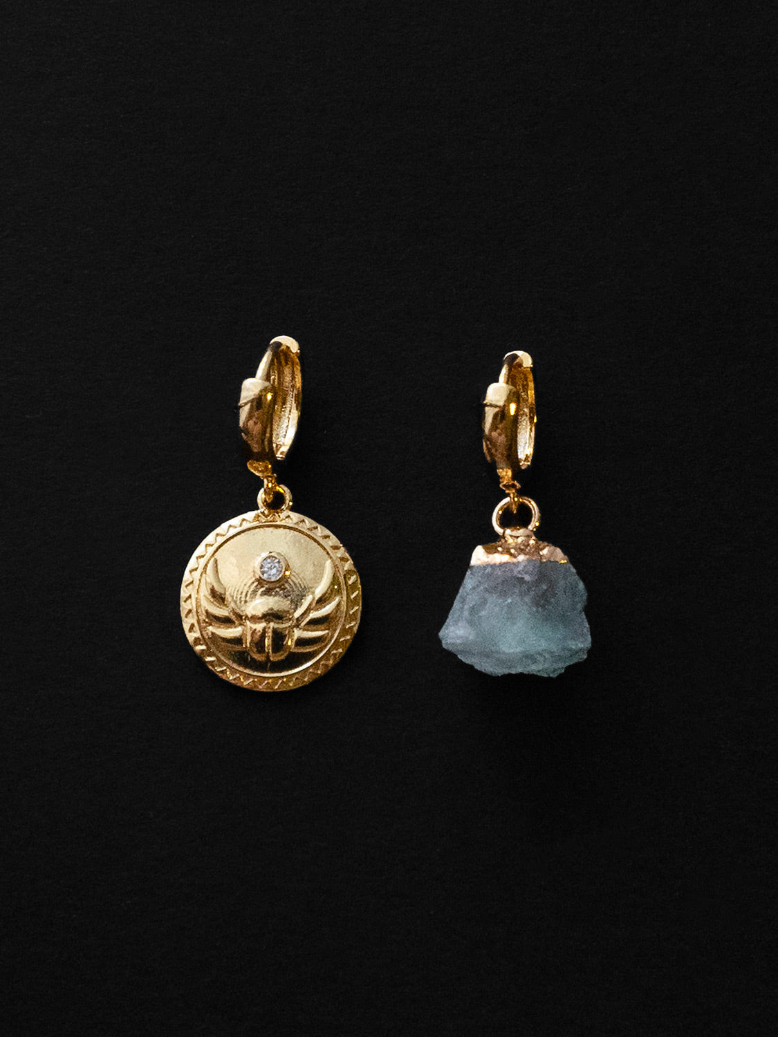 Aquamarine Stone & Scarab Mismatched Huggies