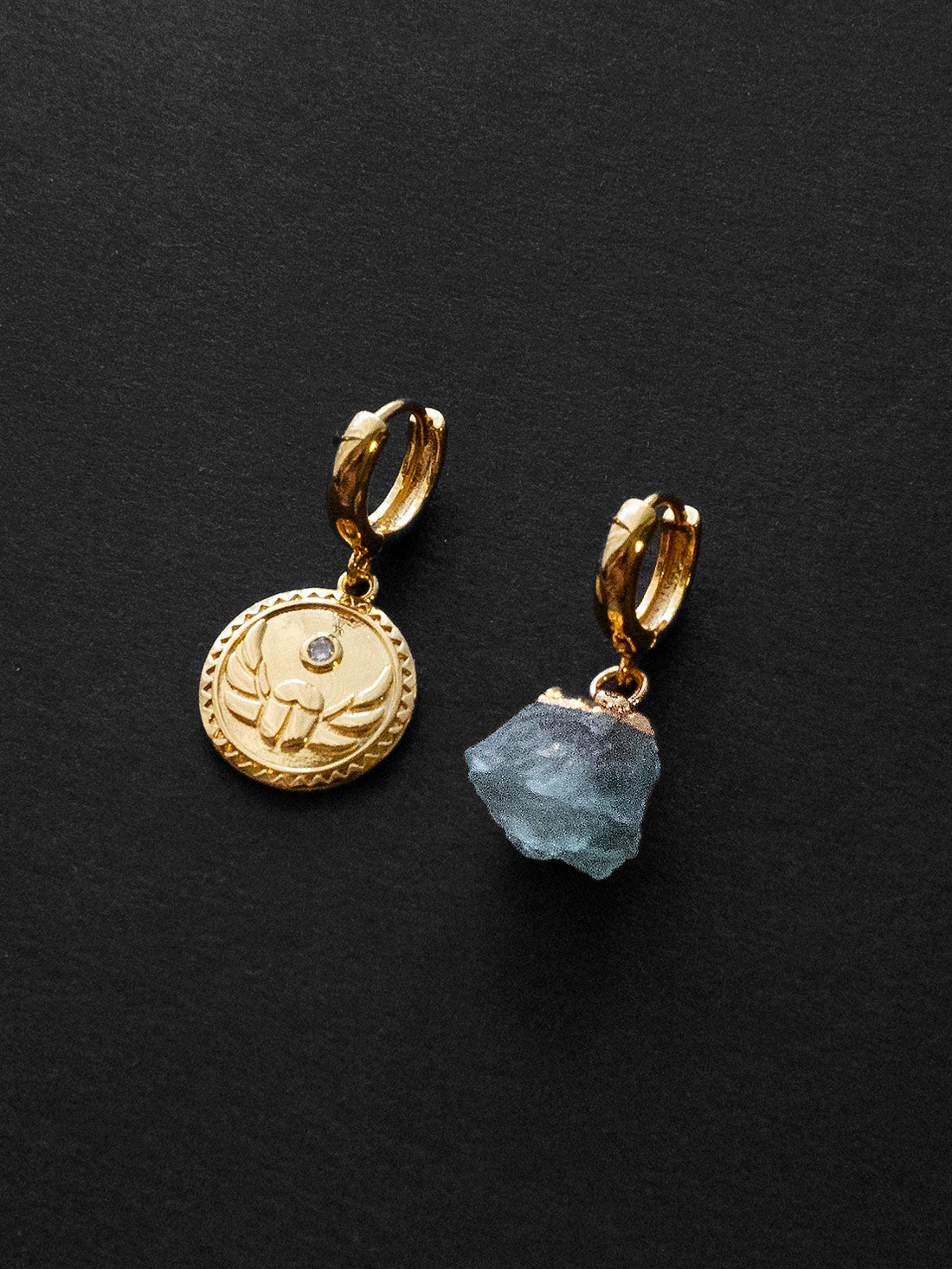 Aquamarine Stone   Scarab Mismatched Huggies 2