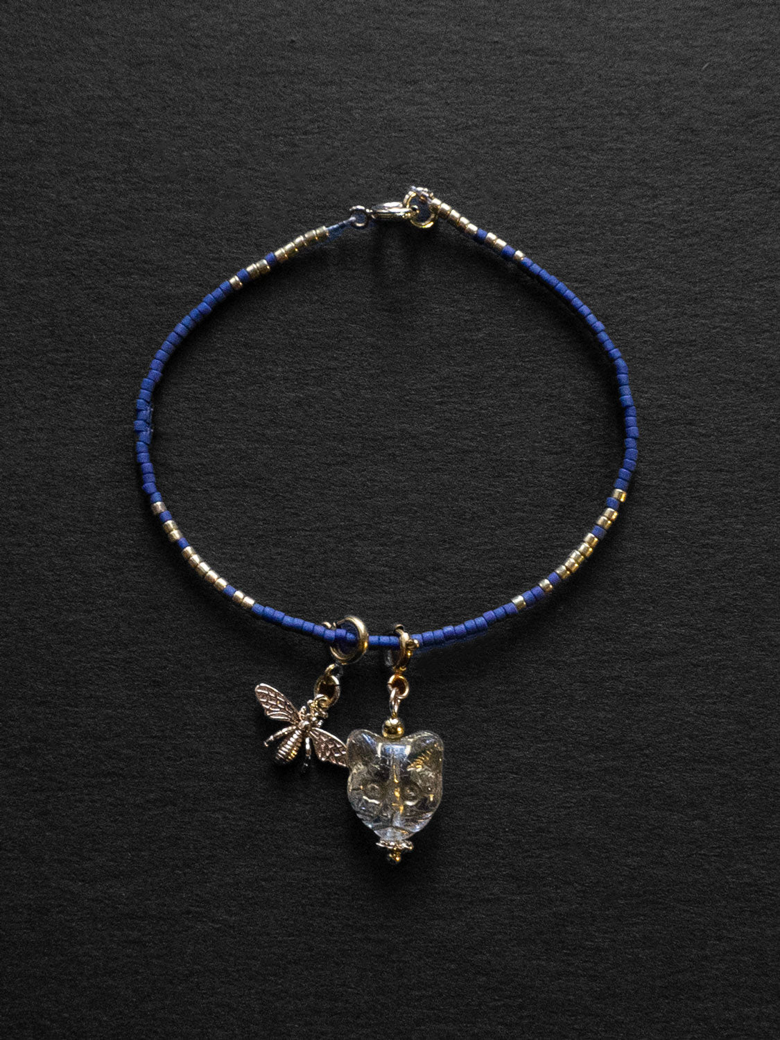 Beaded Bracelet Dark Blue - Cat, Bee