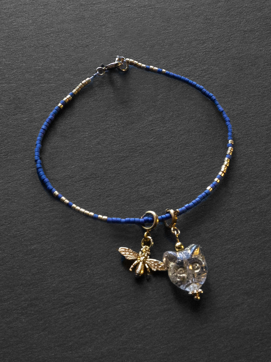 Beaded Bracelet Dark Blue - Cat, Bee