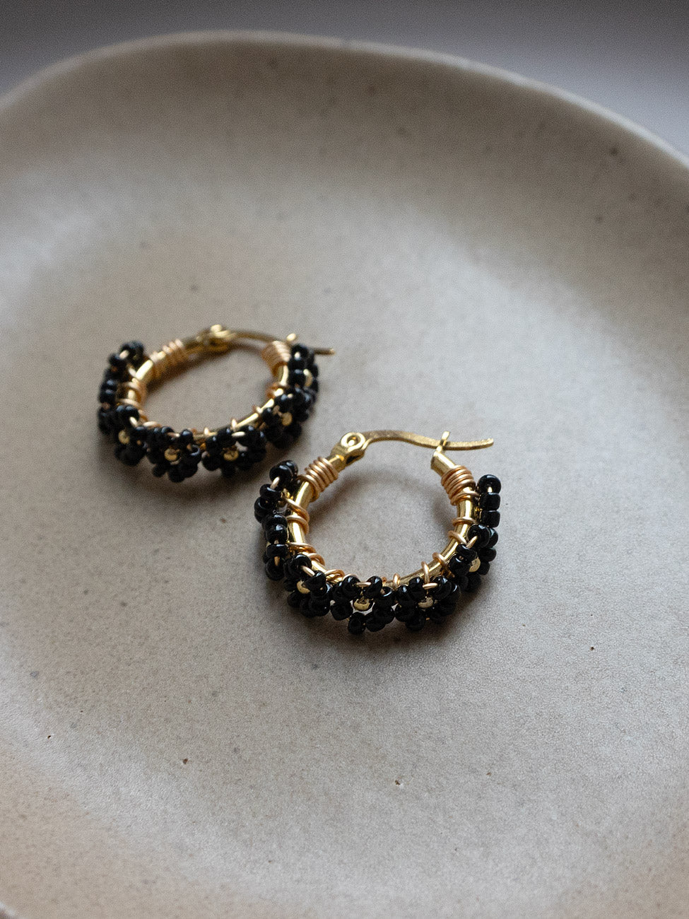 Beaded Flower Hoops   Black1