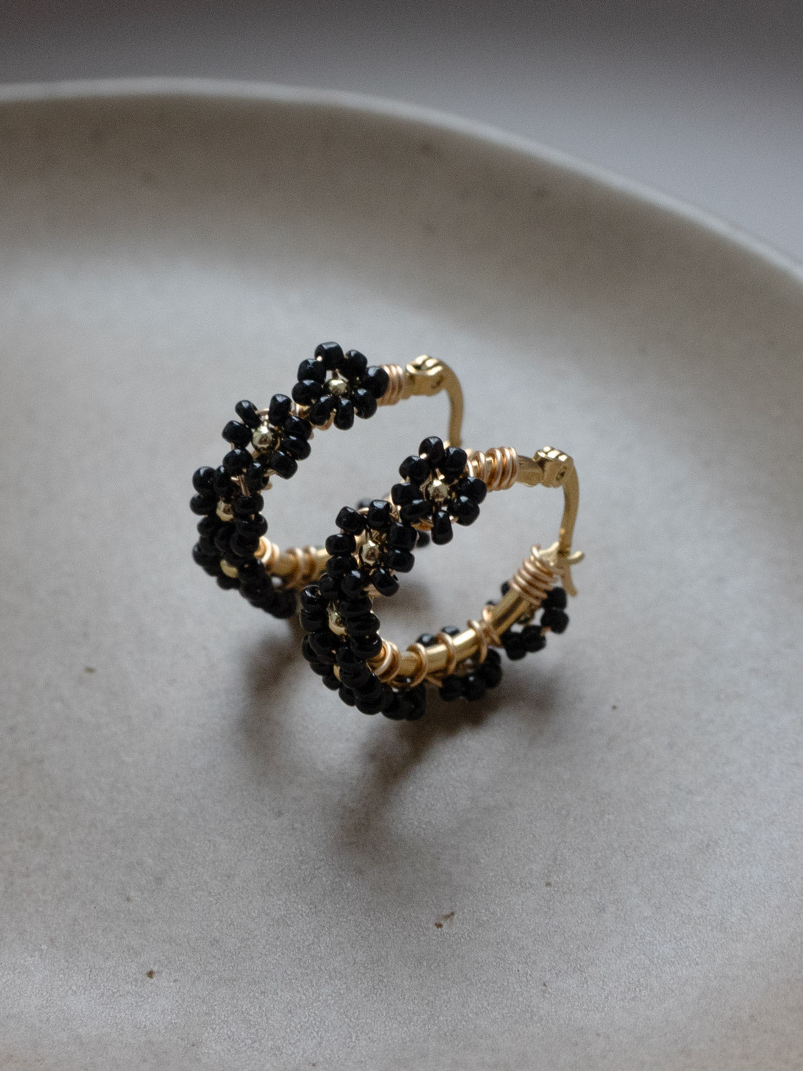 Beaded Flower Hoops - Black