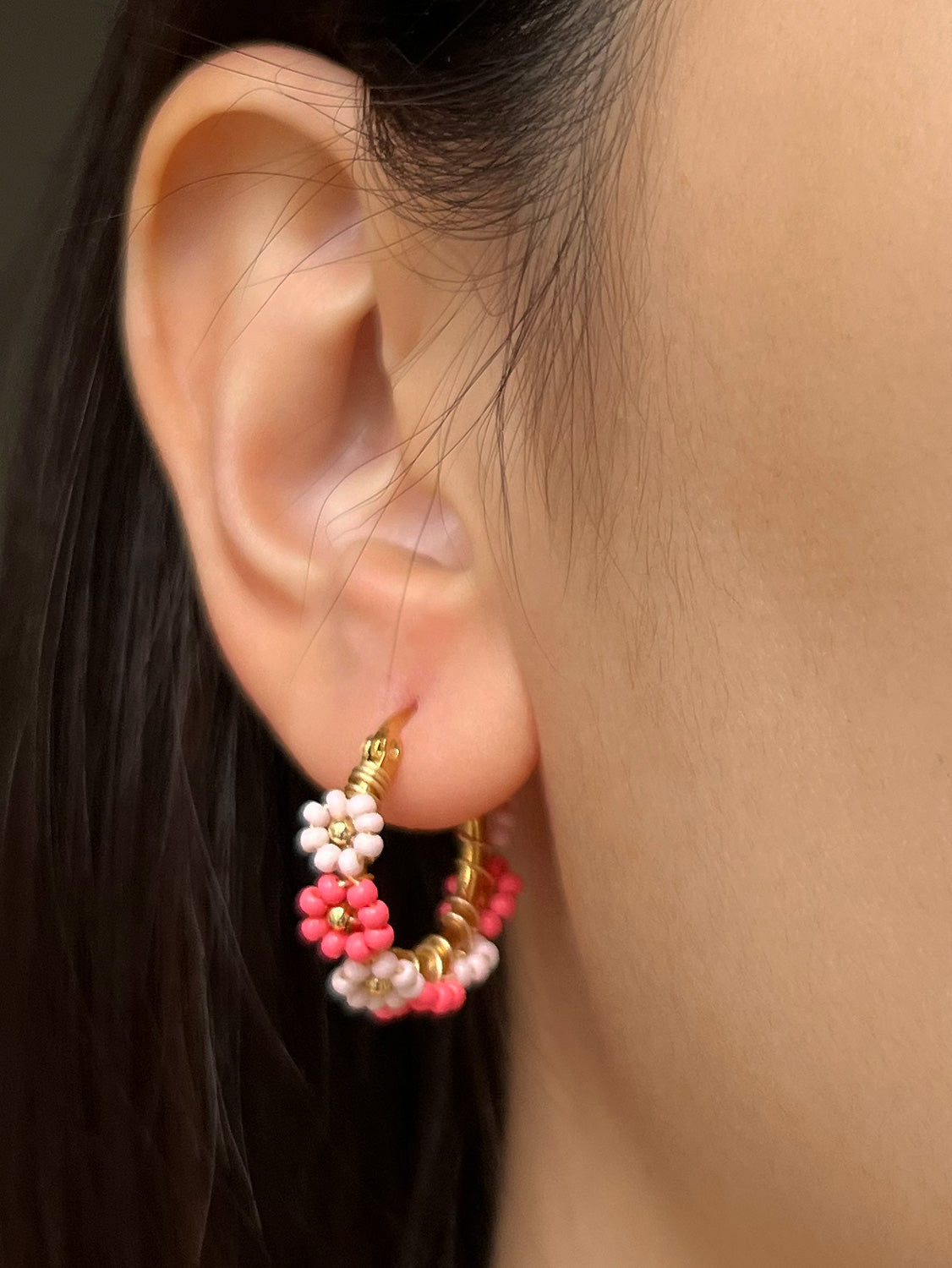 Beaded Flower Hoops   Multi Pink5