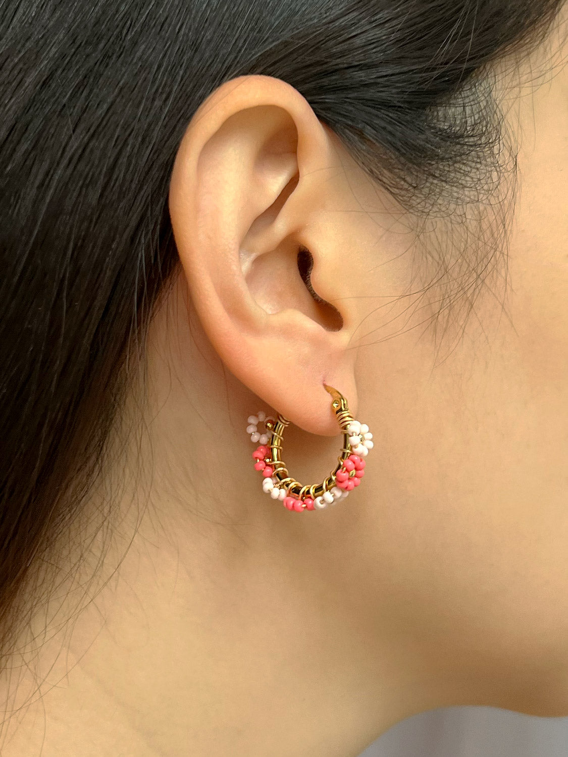 Beaded Flower Hoops - Multi-Pink