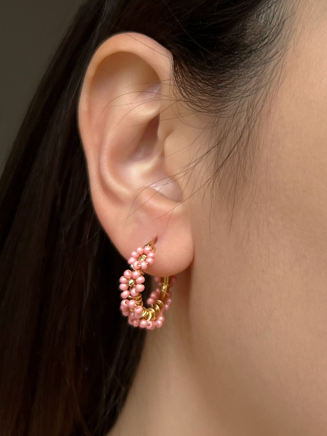 Beaded Flower Hoops - Pink