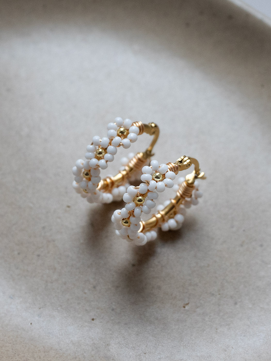 Beaded Flower Hoops   White1