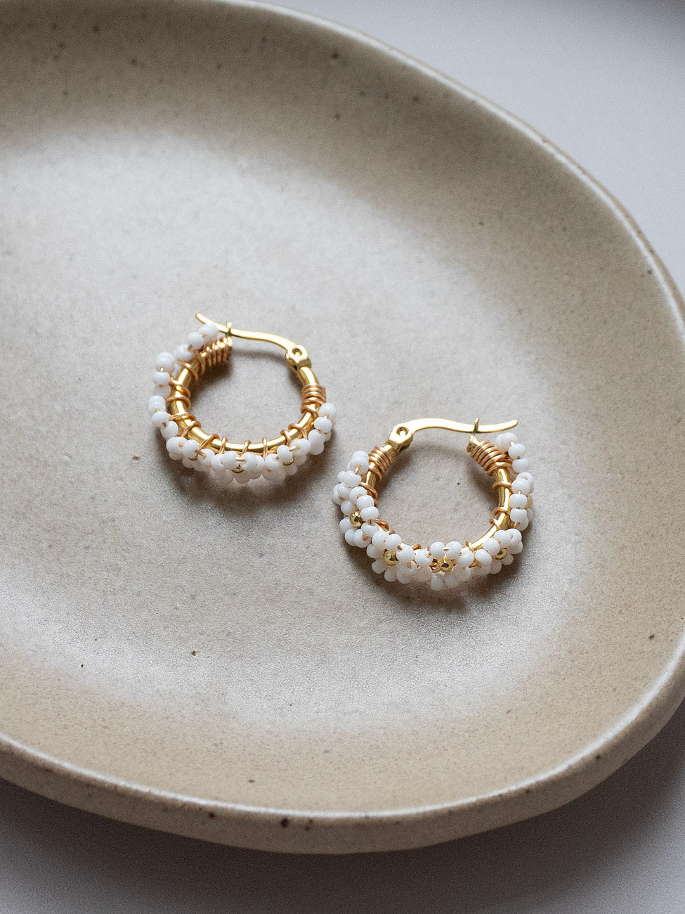 Beaded Flower Hoops - White