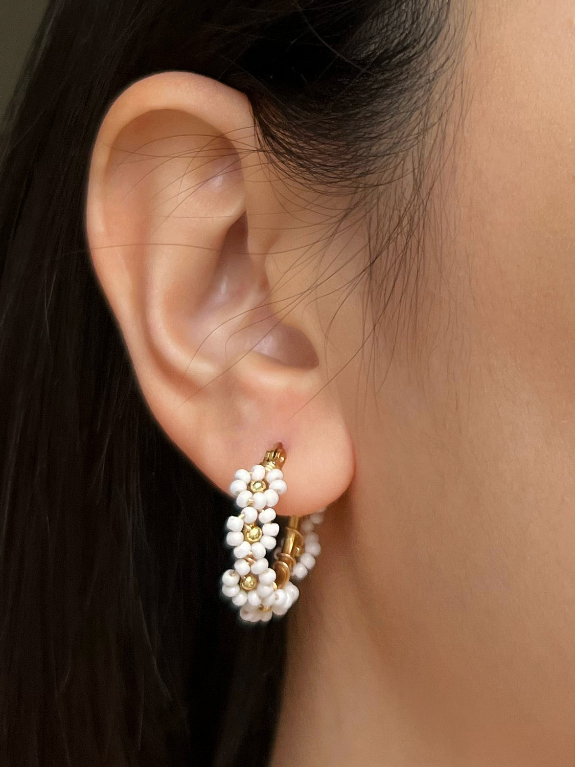 Beaded Flower Hoops - White