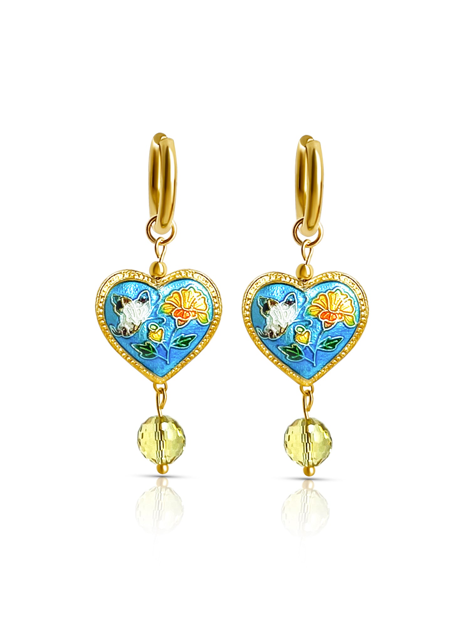Blue Cloisonne Heart Dangling Earrings with Yellow Glass Crystal
