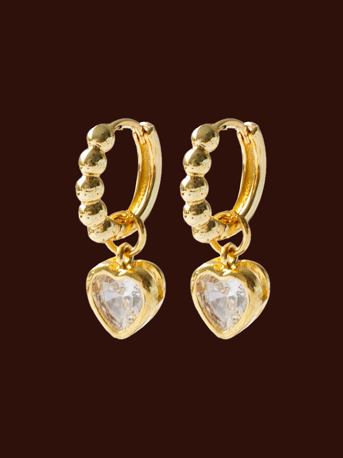 Boba Huggies with Heart Gemstone, S925 - Clear, Gold