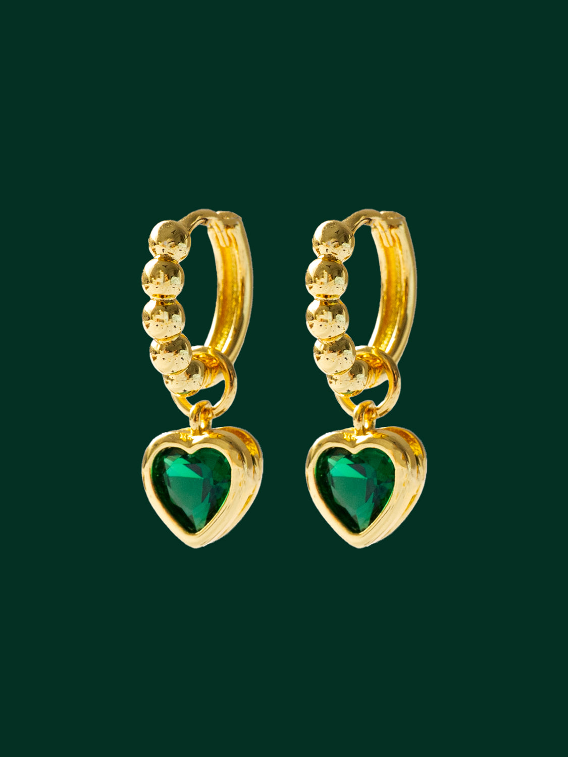 Boba Huggies with Heart Gemstone, S925 - Emerald Green, Gold