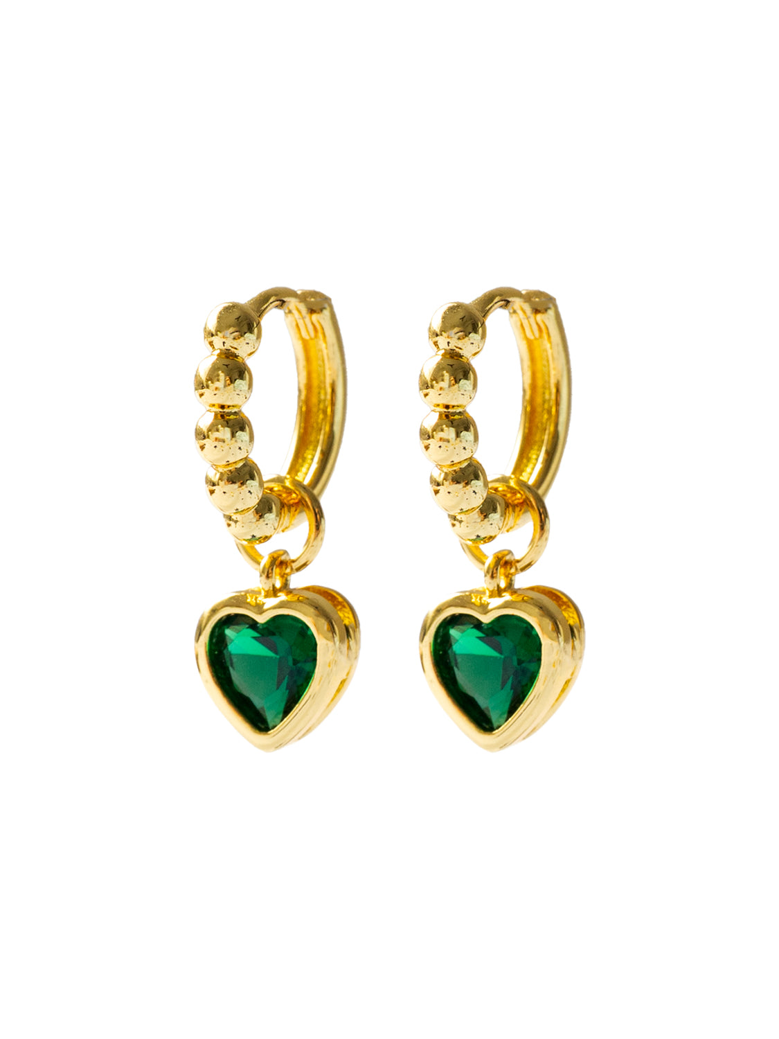 Boba Huggies with Heart Gemstone, S925 - Emerald Green, Gold
