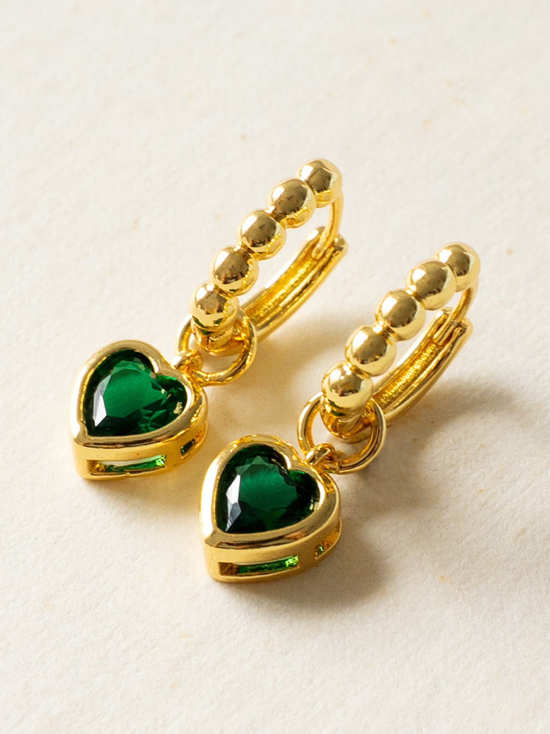 Boba Huggies with Heart Gemstone, S925 - Emerald Green, Gold