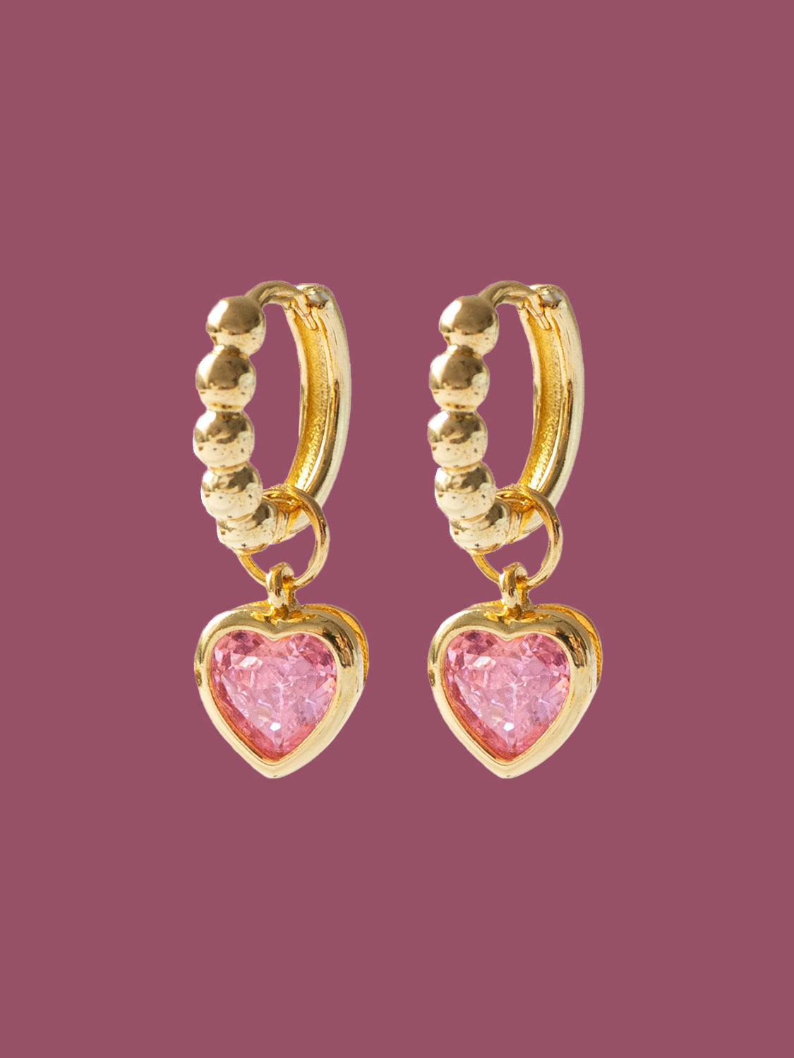 Boba Huggies with Heart Gemstone, S925 - Light Pink, Gold